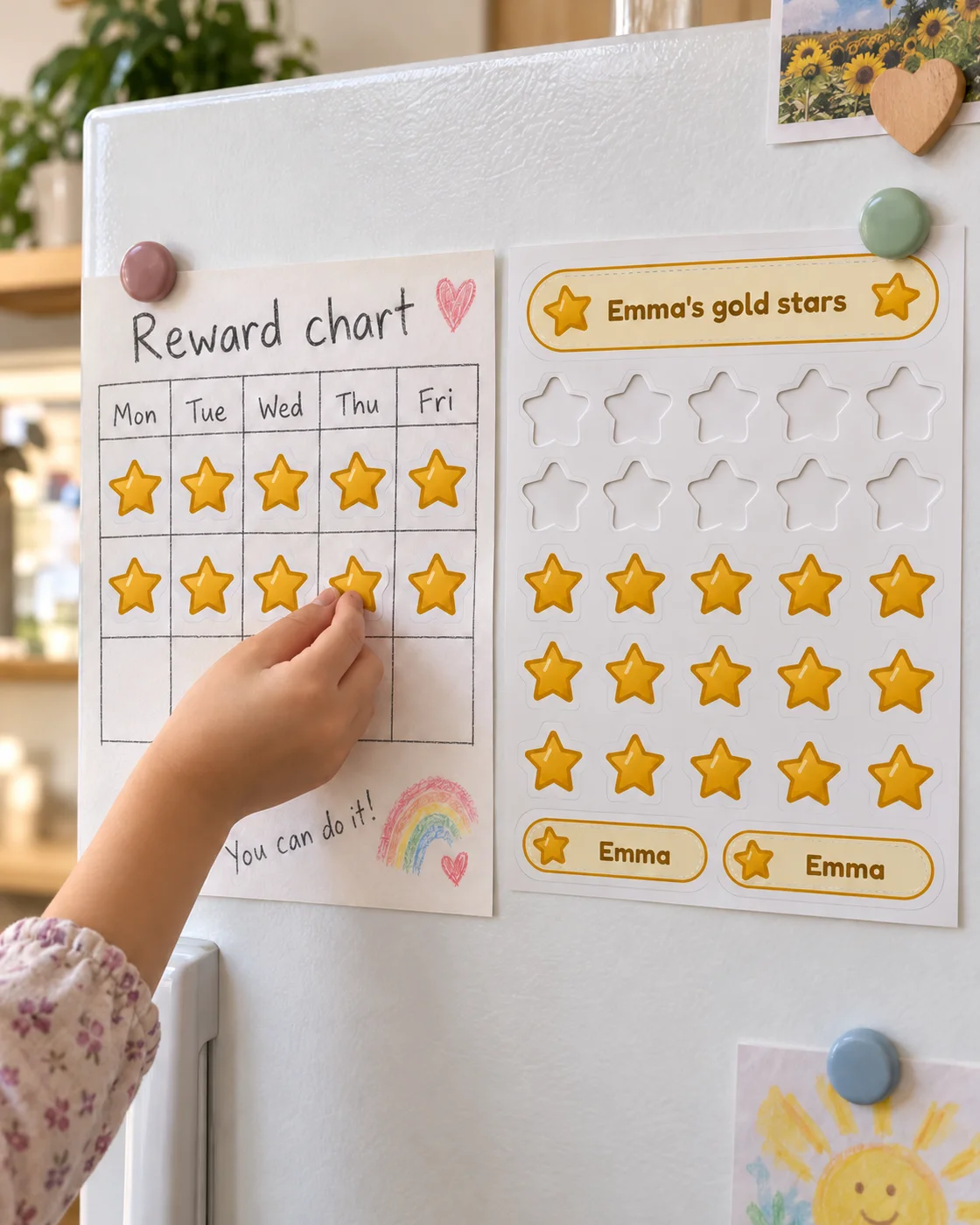 A child adding a gold star to a reward chart on the fridge, next to Emma's gold star sheet